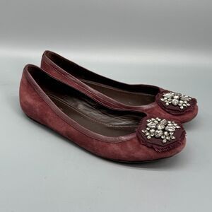 Vera Wang Women's 9 Burgundy Suede Ballet Flats Crystallized Medallion Comfort